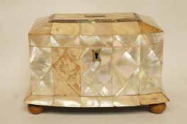 A Victorian mother of pearl and abalone shell veneered tea caddy on ball feet, 14cm high, 20.
