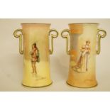 A pair of Royal Doulton two handled spill vases, printed with Katharine and Rosalind,