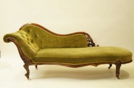 A Victorian rosewood chaise longue with button back and cabriole legs,