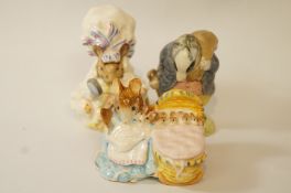 Three Beswick Beatrix Potter figures, Lady Mouse, gold back stamp; Tommy Brock,