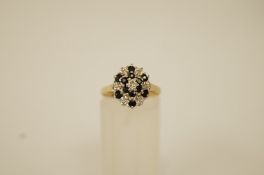 A diamond and sapphire 9 ct gold cluster ring, finger size N, 2.