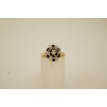 A diamond and sapphire 9 ct gold cluster ring, finger size N, 2.