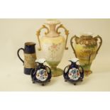 A Victorian two handled vase with cream and gilt decoration, a Royal Doulton Slater's patent jug,