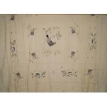 A late 1920's/30's silk table cloth embroidered with Japanese birds and dragons,