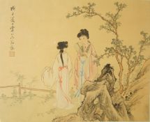A pair of early 20th century paintings on silk, each of a lady in a landscape, 18.