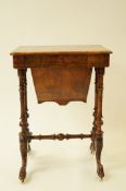A Victorian walnut inlaid sewing table, with fitted interior, hinged lid and turned supports,