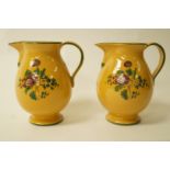 A pair of 19th century French yellow ground jugs, decorated with a spray of flowers to each,
