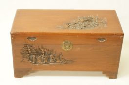 A small carved camphor wood chest with a brass lock and hinged lid, 38.5cm high, 73.