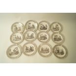 A set of twelve 19th century French creamware plates each printed in black with titled scenes,