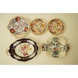 A Spode Imperial pattern shell shaped dish, printed marks in blue, 22cm, a pair of Pinsicton plates,