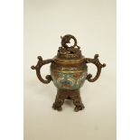 A 20th century Japanese bronze koro, with pierced cover, two handles,