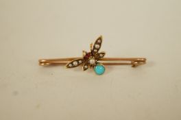 A bug bar brooch, set with a turquoise, seed pearl and cabochon eyes, 3.