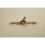 A bug bar brooch, set with a turquoise, seed pearl and cabochon eyes, 3.