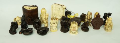 A collection of Inro's, netsukes, okimonos, a scent bottle,