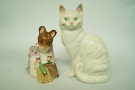 A Beswick model of a cat and a Beatrix Potter Hunca Munca Sweeping figure,