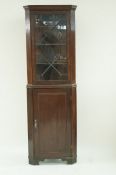 A 20th century oak corner unit, glazed door, on bracket feet,