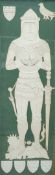 A cut card figure of a knight in an oak frame, 139cm high,