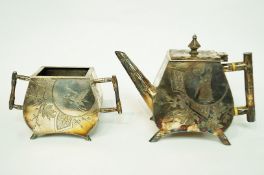 A silver plated aesthetic movement bachelor teapot and sugar bowl, by Wilson & Davis of Sheffield,