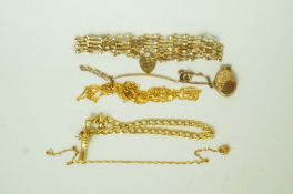 A 9ct gold five bar gate bracelet; a bracelet stamped '375'; a small 9ct gold identity bracelet;