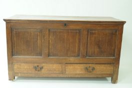An early 19th century oak mule chest with triple panelled front above two drawers with brass
