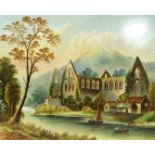 A Victorian pottery plaque, painted in coloured enamels with a scene of Tintern Abbey,