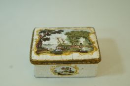 A mid 18th century Continental enamel snuff box painted with vignettes of figures in a landscape