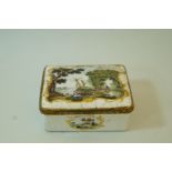 A mid 18th century Continental enamel snuff box painted with vignettes of figures in a landscape