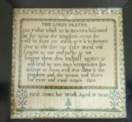 An early 19th century sampler, stitched with "The Lord's Prayer" by Sarah Jones aged 10 years, 1824,
