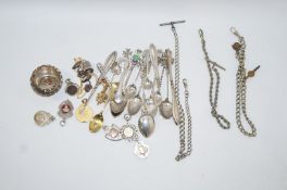 A collection of silver watch fobs; with a pair of Edwardian silver cufflinks; three watch chains;
