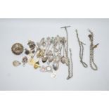 A collection of silver watch fobs; with a pair of Edwardian silver cufflinks; three watch chains;