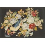 A Victorian woolwork panel, depicting a parrot amongst flowers on a linen brown ground, 84cm x 64cm,