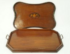 An Edwardian mahogany two handled tray with flower marquetry panel,