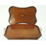 An Edwardian mahogany two handled tray with flower marquetry panel,