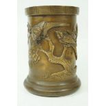 A Japanese bronze cylindrical vase, moulded with birds on flowering branches, 15.