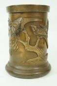 A Japanese bronze cylindrical vase, moulded with birds on flowering branches, 15.