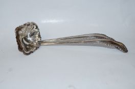 A pair of continental silver plated soup ladles, gadrooned rim to the handles with rococo cartouche,