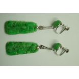 A pair of 1930s jade panel drop earrings,