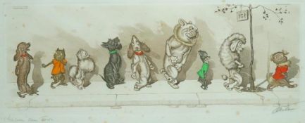 Circue
Dogs forming a que
Aquatint and body colour, a pair
Signed in pencil and titled
p. 16.