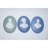 A set of three continental porcelain Jasperware style plaques with tilted busts of Wellington,