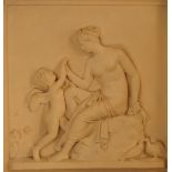A terracotta plaque moulded in relief with a scene of Psyche and Cupid, with a painted wooden frame,