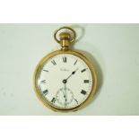 Waltham, an open face pocket watch, white enamel dial with black hands,
