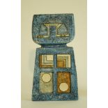 A Troika double base vase on a blue ground, Aztec design by Avril Bennett,