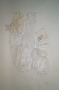 A silk and lace child's christening robe, a lace veil,
