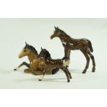 Two Beswick figures of dark bay foals, printed marks in black and another lying down,