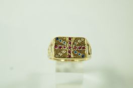 A 9 carat gold Union Jack ring, set with red, white and blue synthetic stones, finger size Z+++, 7.