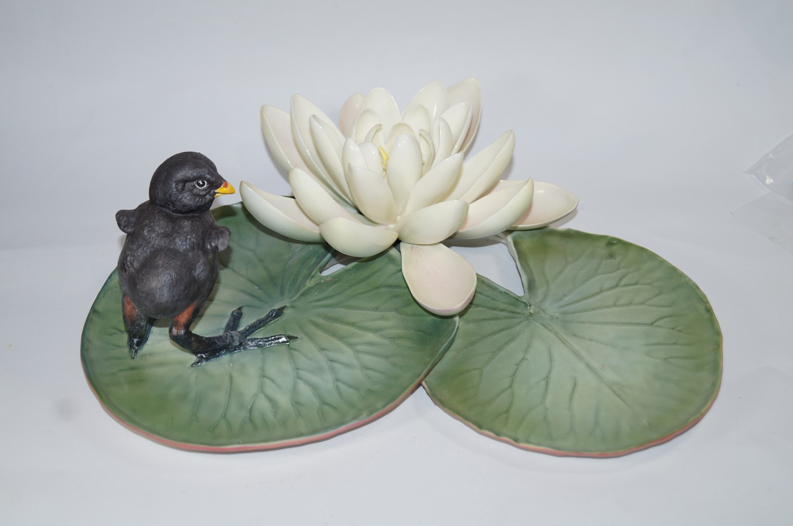 A Royal Worcester model "Moorhen Chick Gallinula Chloropus and Water Lily",