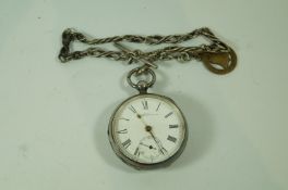 A silver open faced pocket watch; with a watch chain,
