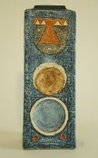 A Troika shouldered rectangle vase, on blue ground, Aztec design by Simone Kilburn,