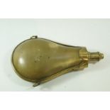 A late 18th century horn and brass mounted powder flask with two ring handles, 7.