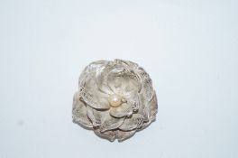 A cultured pearl filigree rose brooch, stamped 'Silver' and '950',